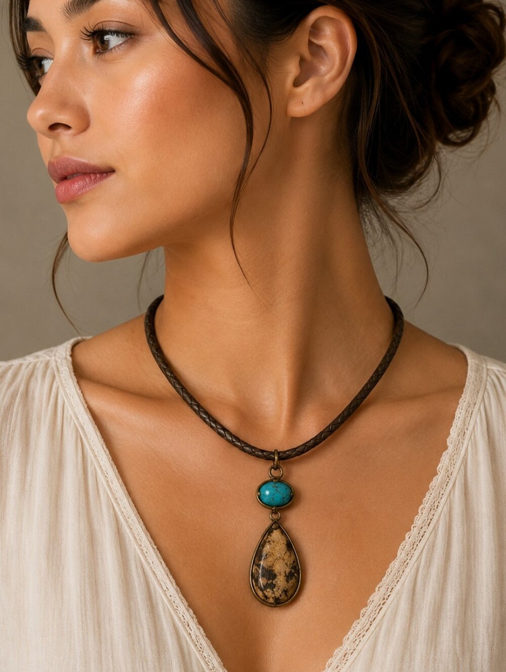 BARSE Interchangeable Jasper Turquoise Pendant Bronze Leather Cord Necklace - Picture 1 of 11
